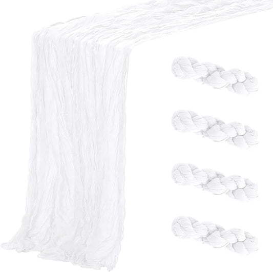 Aktor 4 Pack White Table Runner Boho Cheesecloth Table Runner Semi Sheer Gauze Fabric Runners for Wedding Birthday Baby Shower Party Boho Table Decoration（White）