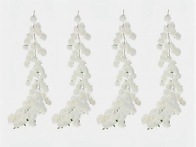 4 Pcs White Artificial Rose Vine Hanging Fake Flowers Garland for Wedding Anniversary Birthday Party Background Arch Garden Home Wall Room Decor