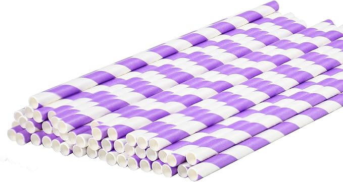 Disposable Purple Striped Party Paper Drinking Straws 100 Counts 7.75'' x 0.24'', Unwrapped, for Cocktail, Coffee, Water