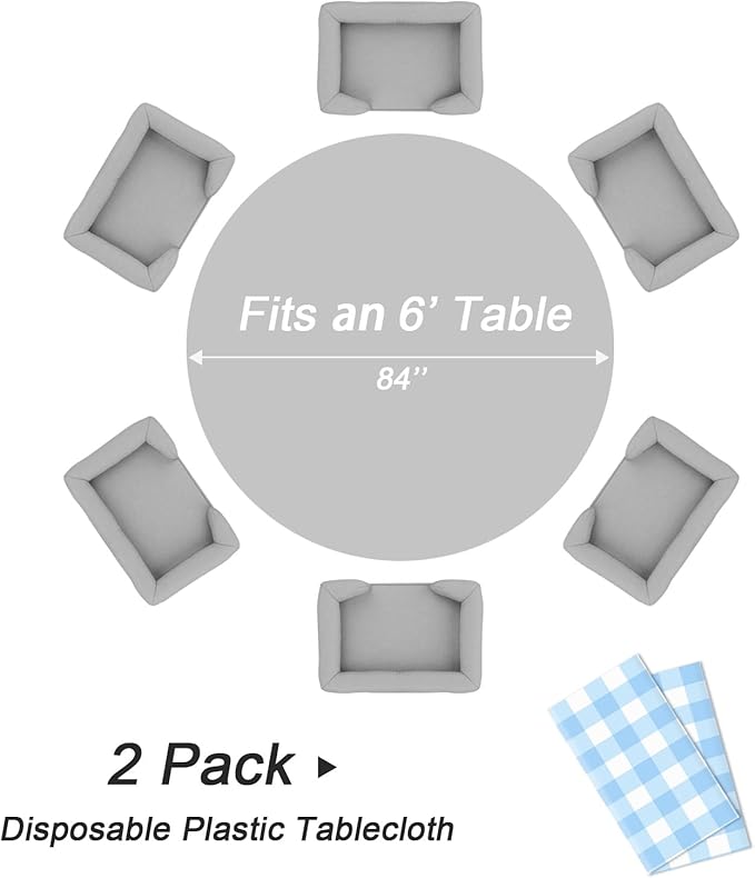 QIKSION Blue Gingham Round Tablecloth 2 Pack, 84 Inch Plastic Checkered Table Cover Disposable for Parties