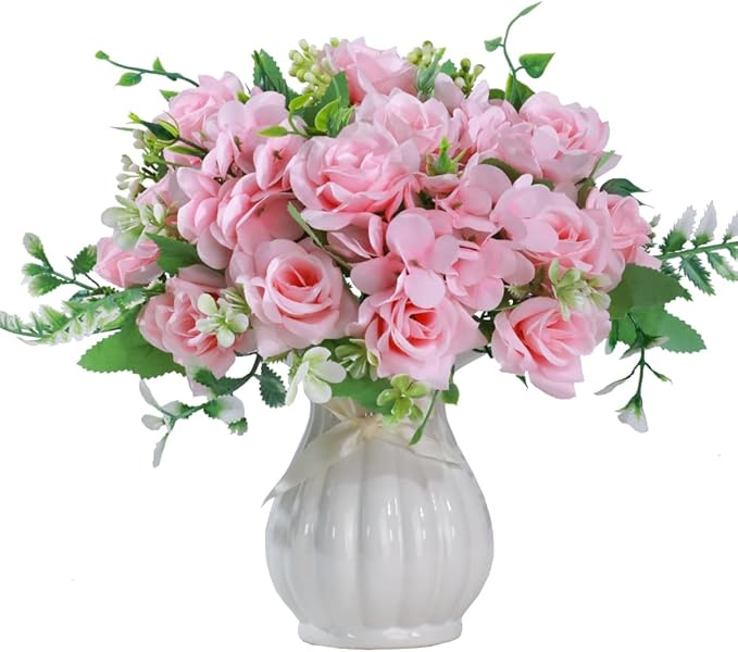 LESING Artificial Rose Silk Hydrangea Flowers Bouquets with Vase Rustic Fake Flowers for Home Decoration Table Centerpiece (Pink)