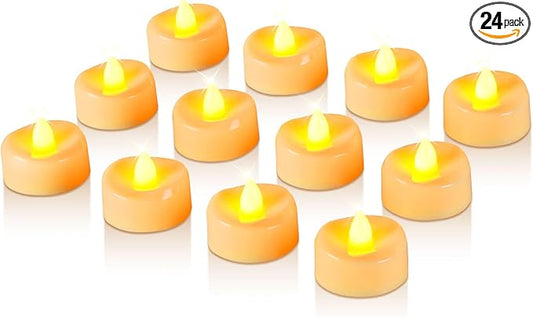 Raycare 24 Pack LED Tea Lights Battery Operated, 200+Hour Flickering Votive Candles, Realistic Fake Flameless TeaLights for Wedding Party Halloween Thanksgiving Christmas Decorations,Ivory Base