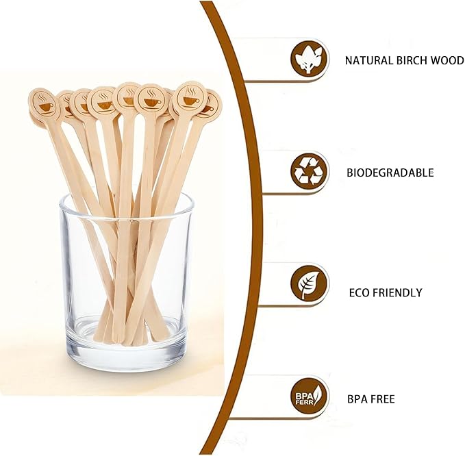 200Pcs Coffee Stirrers- 5.9 Inch Natural Wooden Coffee Stirrers With Round Ends, Disposable Biodegradable Cafe Grade Coffee Stir Sticks Wood Beverage Mixer for Coffee Cocktails Milk Tea