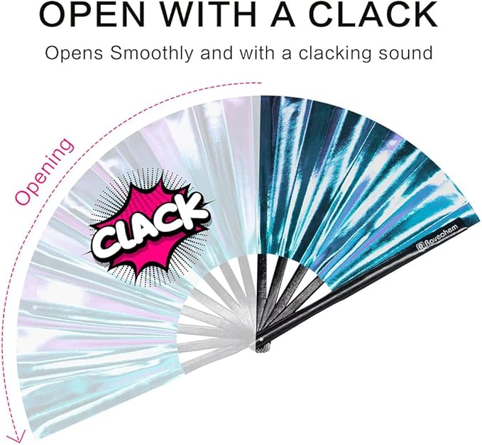 Large Rave Fan, Clack Folding Hand Fan with Premium Fabric, Thick Bamboo Frame for Men Women Gift for EDM, Festival, Club, Party, Dance, Decoration (Holographic Blue-Purple, 13")