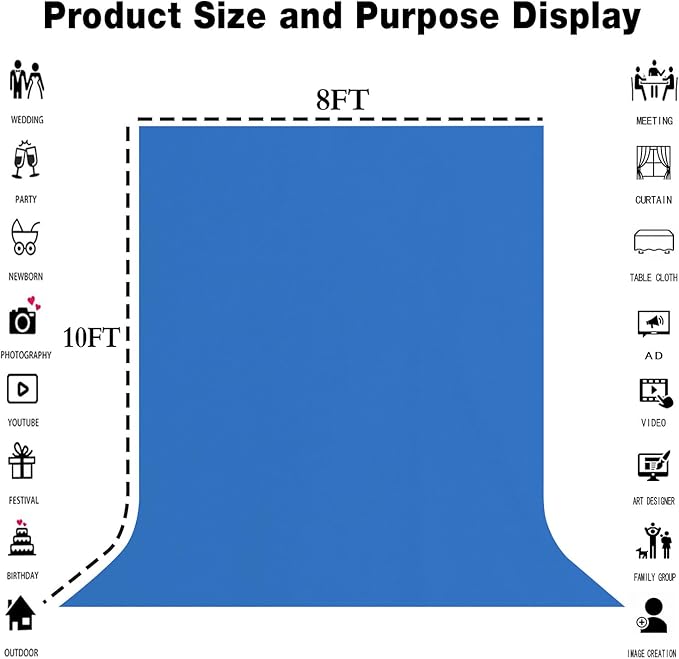 8x10FT Royal Blue Screen Backdrop for Photography, Solid Blue Photo Background Portrait for Party Portrait Photoshoots Booth Video Studio
