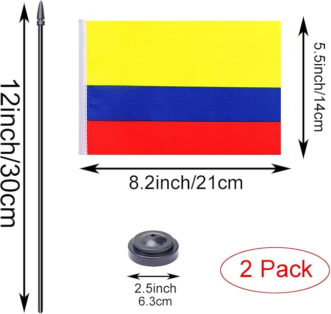 WXTWK 2 Pack Colombian Flag Colombian Deluxe Desk Flag Set - Mini Small Colombiana Table Office Flags with Black 12" Solid Pole Stand Base Classroom Meeting Desktop Decorations