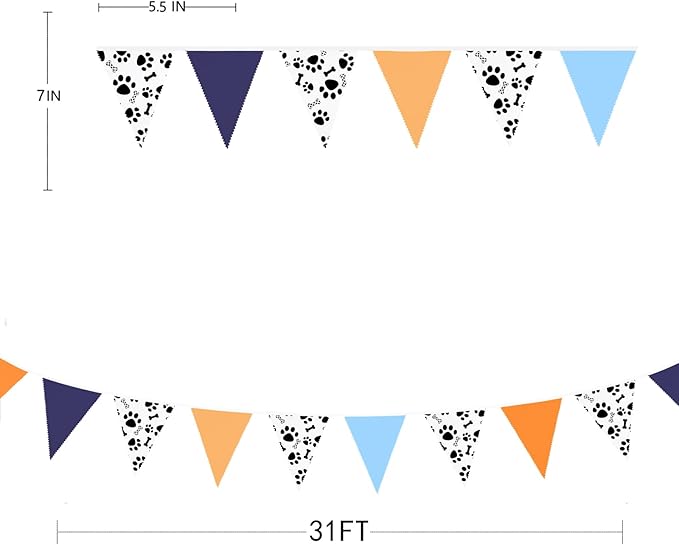 32Ft Orange Blue Dog Paw Party Decorations Puppy Paw Print Fabric Banner Triangle Pennant Flag Garland Streamers for Kids Boys Blue Dog Birthday Baby Shower Party Outdoor Garden Decor Supplies