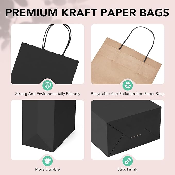 METRONIC Kraft Paper Gift Bags with Handles 8x4.75x10.5 Inch 600 Pcs | Christmas, Birthday Party Favors, Retail Shopping, Small Business Bulk | Black Gift Wrap Bag