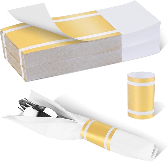 Germiwipe Gold Napkin Band,Paper Napkin Rings Self Adhesive,200PCS Silverware Wraps Bands,Table Setting Wedding Event Party Supply NB-015