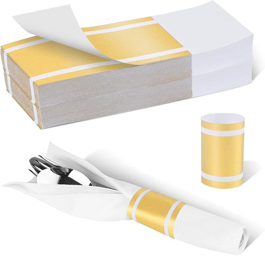 Germiwipe Gold Napkin Band,Paper Napkin Rings Self Adhesive,200PCS Silverware Wraps Bands,Table Setting Wedding Event Party Supply NB-015