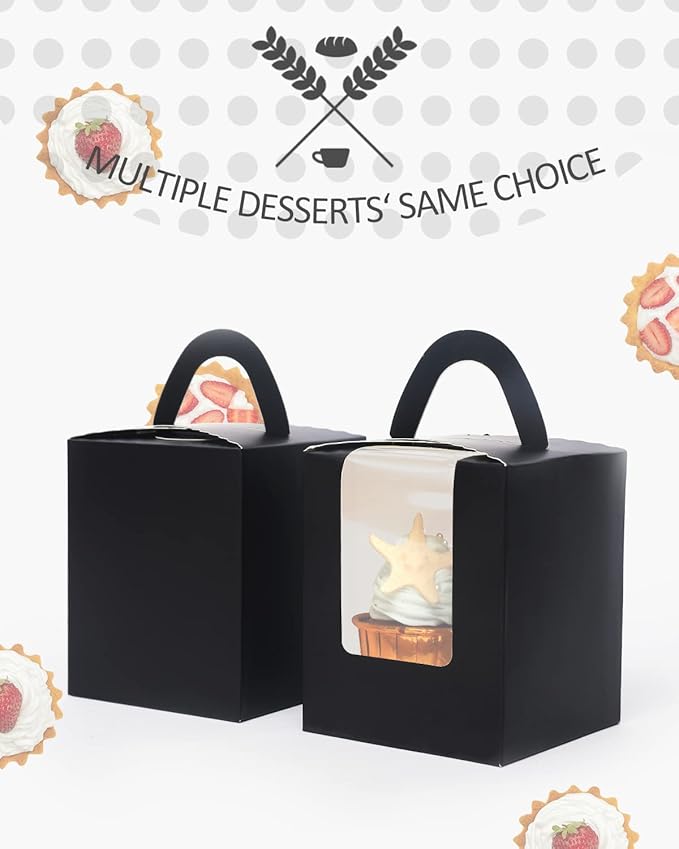 qiqee Black Cupcake Boxes Individual 100 Packs Cupcake Holders Disposable Single Cupcake Boxes with Window 3.6" 3.6"*4.3" Cupcake Containers