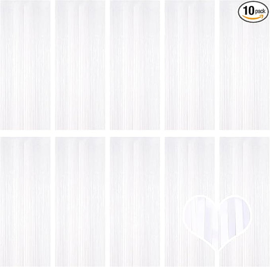 10 Pack White Backdrop Curtain 3.2ft x 8.2ft Metallic Tinsel Foil Fringe Curtains Photo Booth Background for Birthday Party Decoration Baby Shower Engagement Wedding Christmas Decoration (White)