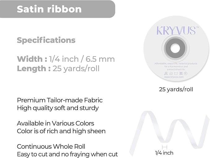 White Satin Ribbon 1/4 inch X Continuous 25 Yards, Single Face Polyester Ribbon Perfect for Gift Wrapping, Flower Bouquet, Wedding Decor, Crafts, Bow Making, Sewing and More