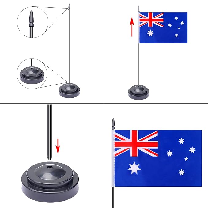 WXTWK 2 Pack Australia Flag Australia Deluxe Desk Flag Set - Mini Small Australian Table Office Flags with Black 12" Solid Pole Stand Base Classroom Meeting Desktop Decorations