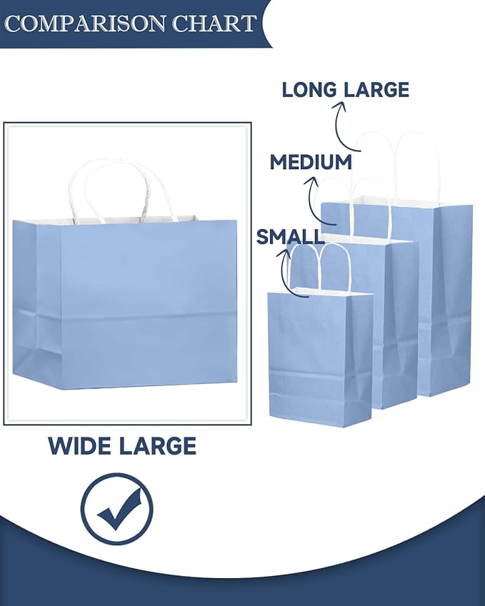 qiqee 50-Packs Light Blue Paper Gift Bags with Handles Bulk 12.6"x4.3"x10" Wide Large Size Party Favor Bags Multiple Uses