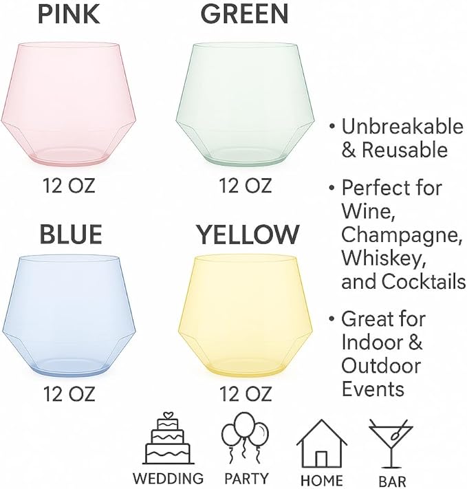 40 count Diamond Unbreakable Stemless Plastic Wine Champagne Whiskey Glasses Elegant Durable Disposable Indoor Outdoor Ideal for Home, Office, Bars, Wedding, 12 Ounce Cups Gold Rim (Color Collection)