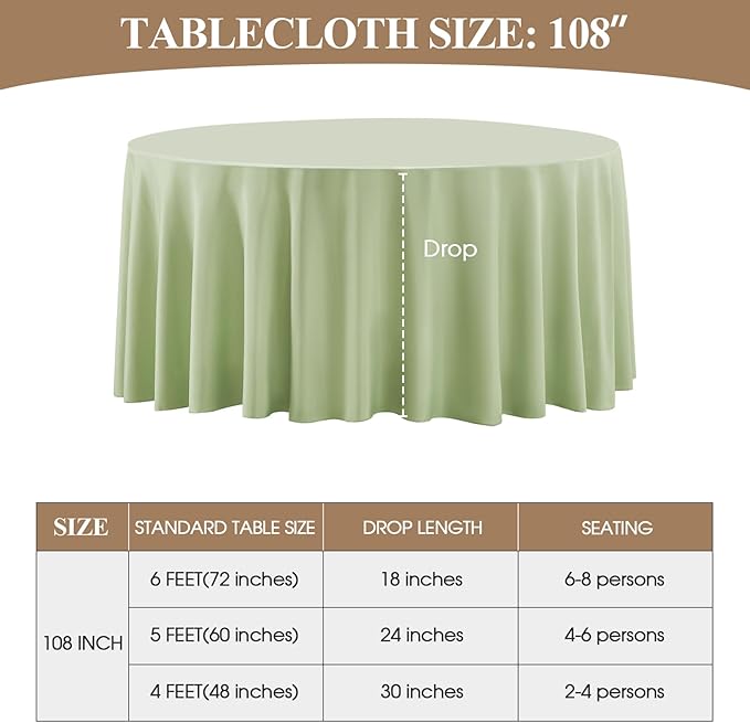 Round Tablecloth 6 Pack 108 Inch Sage Green Tablecloths Washable Decorative Linen Polyester Table Clothes Cover for Dining Table Banquets Buffet Parties and Wedding