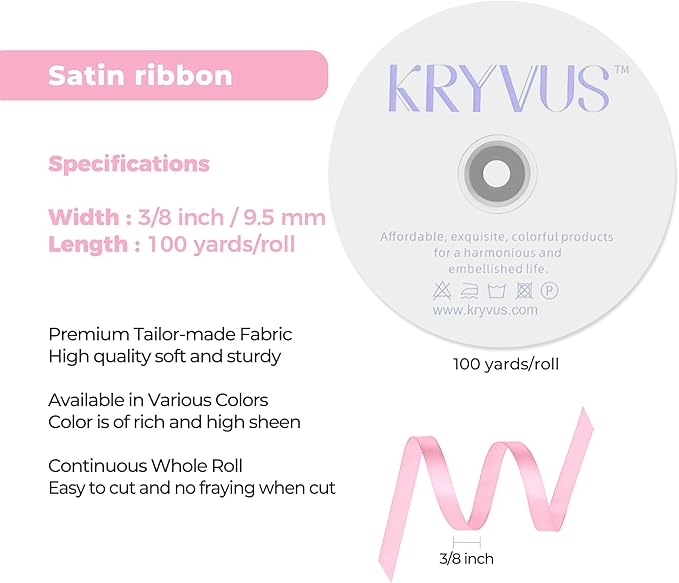 Rose Pink Satin Ribbon 3/8 inch X Continuous 100 Yards, Single Face Polyester Ribbon Perfect for Gift Wrapping, Flower Bouquet, Wedding Decor, Crafts, Bow Making, Sewing and More