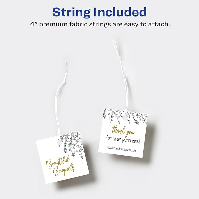 Avery Square Tags, Sure Feed Technology, 2" x 2", Matte White, Strings Included, 120 Total, Print-to-The-Edge, Laser/Inkjet Printable (80513)