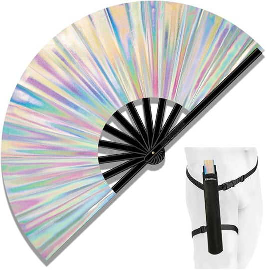 13" Large Folding Rave Fan with Holster, Clack Hand Fans Foldable for Line Dancing, Boots On The Ground Fan for Women Men Festival EDM Party Decoration, Holographic White