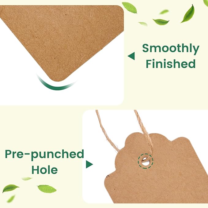 SallyFashion 200pcs Gift Tags with String Attached, 2x4 inch Kraft Paper Hang Tags for Clothes DIY Crafts Wedding Holiday (Brown White)