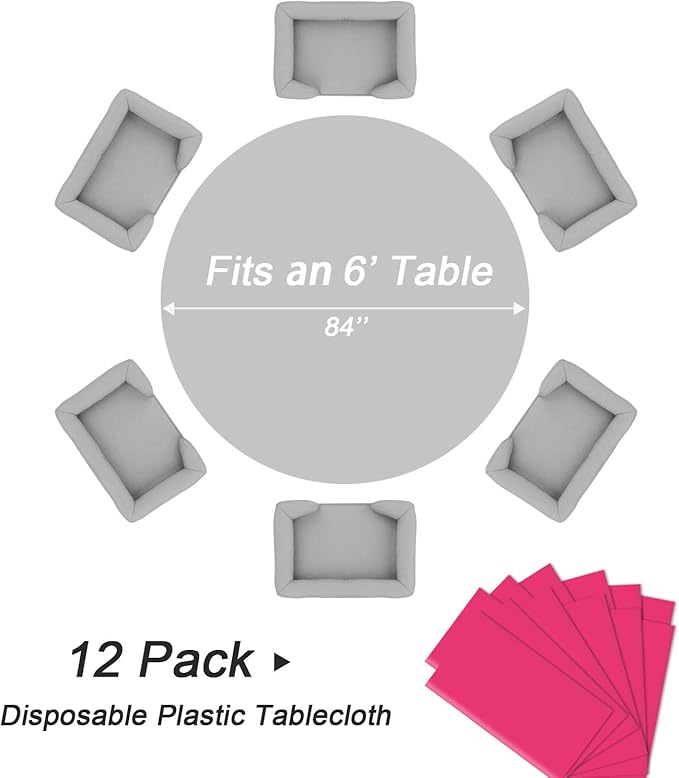 QIKSION Hot Pink Round Tablecloth 12 Pack, 84 Inch Plastic Table Cover Disposable for Parties