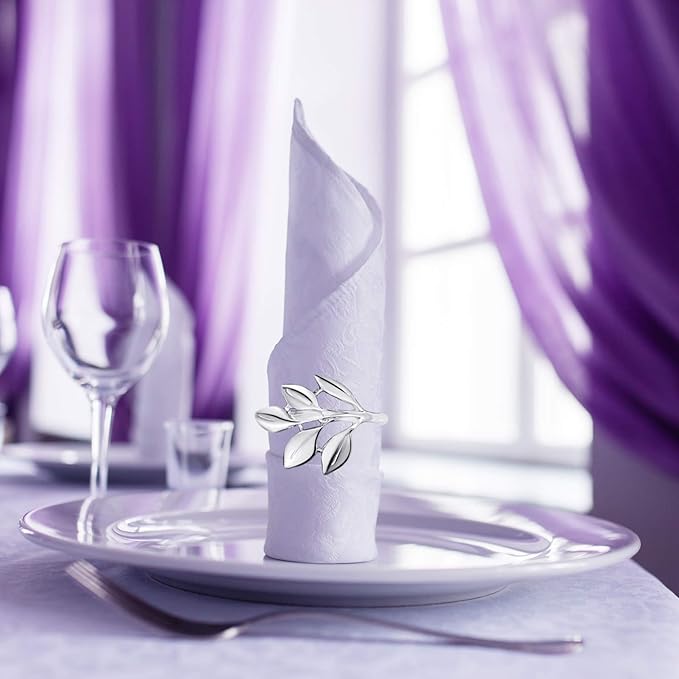 Hotop 200 Pcs Leaf Napkin Rings Set Silver Metal Napkins Rings Holders Bulk Glossy Table Adornment for Vintage Wedding Bridal Thanksgiving Christmas Holidays Fall Dinner Party Decoration Favors