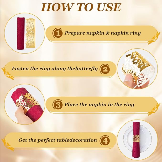 150PCS Rose Flower Paper Napkin Rings, Simple Napkin Holders Dinner Tables Rings Elegant Ornament Table Setting Decoration for Wedding, Christmas, Thanksgiving, Holiday, Party (Gold) (Pack of 2)
