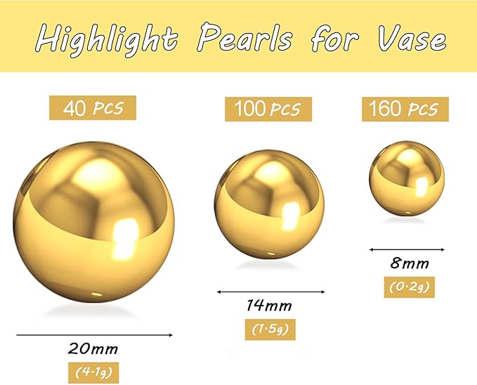 300Pcs Brightgold Polished No Hole Faux Pearl Beads for Vase Filling Decorations, Plastic Pearls Vase Fillers, Table Scatters, Wedding Centerpiece, Home Decor, 8/14/20 mm