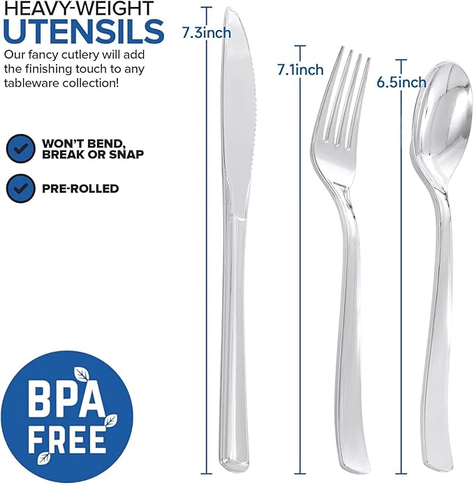 400PCS Pre Rolled Silver Plastic Silverware Sets - Heavy Duty Silver Cutlery - Include 100 Pack Wrapped Disposable Utensils with Napkins for Parties & Dinners & Weddings
