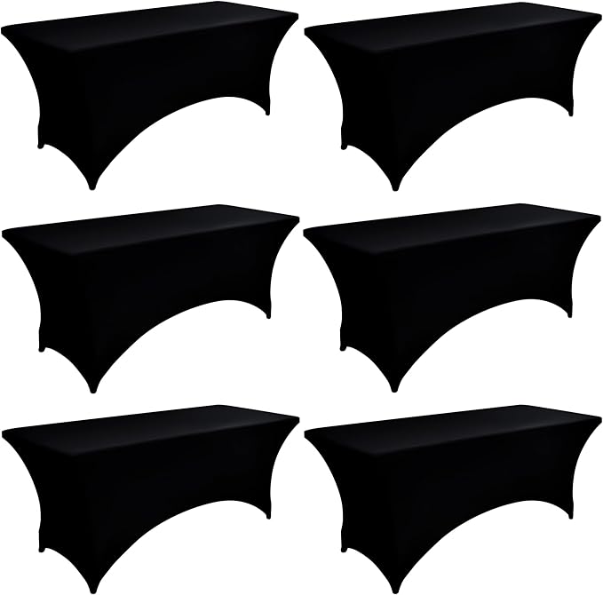 6-Pack 4ft Spandex Black Table Covers for Rectangular Folding Tables - Wrinkle Resistant Stretch Tight Table Cloths - Ultimate Fitted Table Protector for Parties, Trade Shows, and Wedding