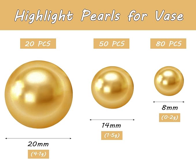 150Pcs Gold Polished No Hole Faux Pearl Beads for Vase Filling Decorations, Plastic Pearls Vase Fillers, Table Scatters, Wedding Centerpiece, Home Decor, 8/14/20 mm