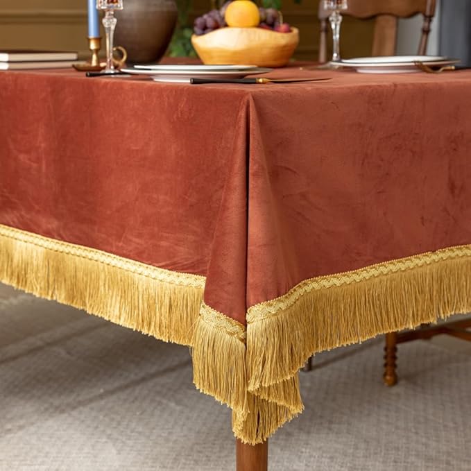 F-CHU Luxury Burnt Orange Tablecloth Thickset Velvet Tablecloth with Beautiful Gold Tassels Table Cloth for Home Decor Wedding, Party, Banquet and Events 60x120-Inch