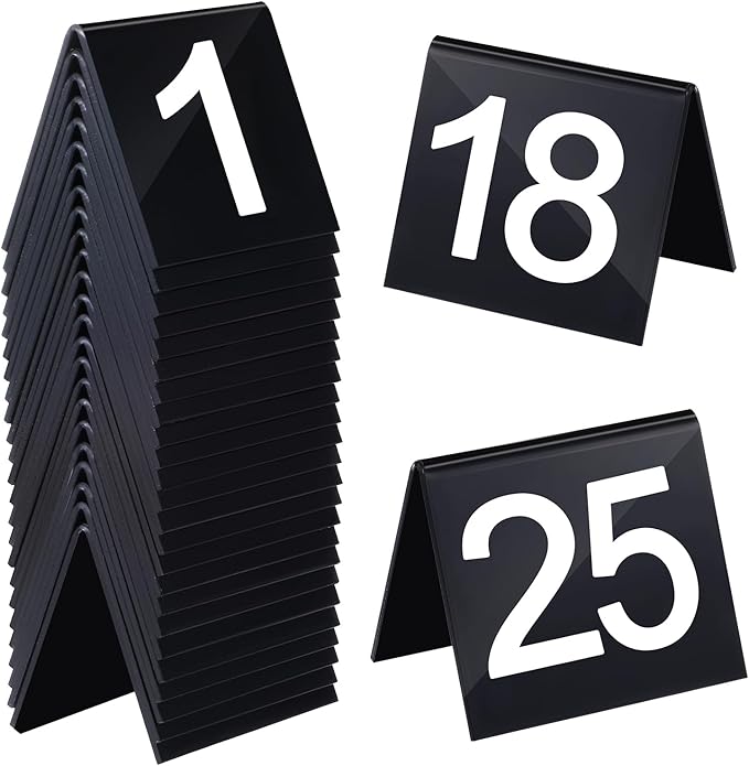 Table Numbers 1-25 Acrylic Restaurant Table Numbers Double Side Plastic Table Tent Table Numbers for Events Banquets Party Wedding Food Service Reception(Black)