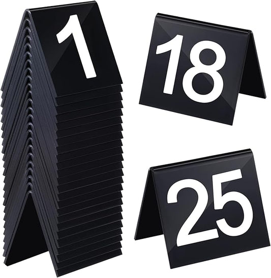 Table Numbers 1-25 Acrylic Restaurant Table Numbers Double Side Plastic Table Tent Table Numbers for Events Banquets Party Wedding Food Service Reception(Black)