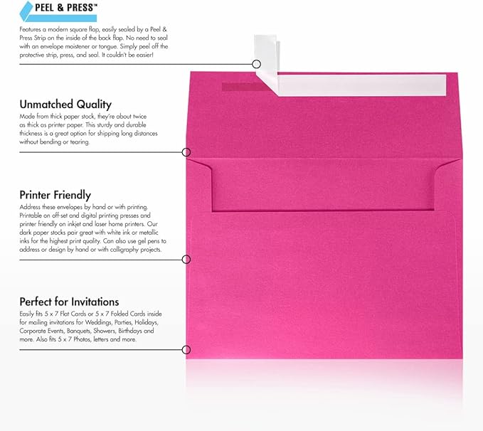 LUXPaper A7 Invitation Envelopes | Peel & Press | 5 1/4" x 7 1/4" | Azalea Metallic | 80lb. Text | 500 Qty