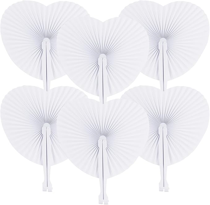 ZWIN 48 Pcs Heart Shaped Paper Fans for Wedding Pocket Folding Paper Fans with Plastic Handle White Blank Fans for Guest Celebration Party Decoration