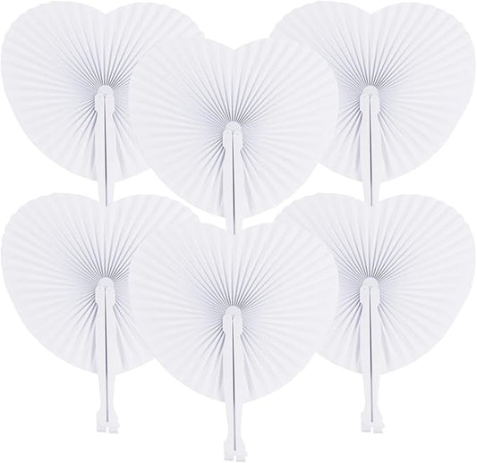 ZWIN 48 Pcs Heart Shaped Paper Fans for Wedding Pocket Folding Paper Fans with Plastic Handle White Blank Fans for Guest Celebration Party Decoration