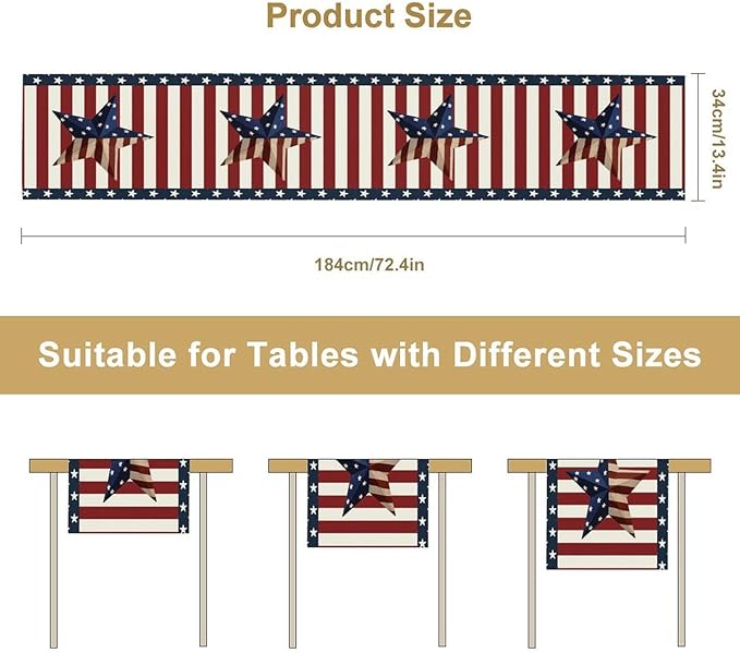 4th of July Table Runner, Patriotic Independence Day American Stars Stripes Flag Print Table Runner for Farmhouse Kitchen Dining Holiday Birthday Party, 13x120inch