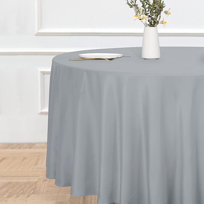 sancua Round Tablecloth - 120 Inch - Water Resistant Spill Proof Washable Polyester Table Cloth Decorative Fabric Table Cover for Dining Tables, Buffet Parties and Camping, Silver Grey