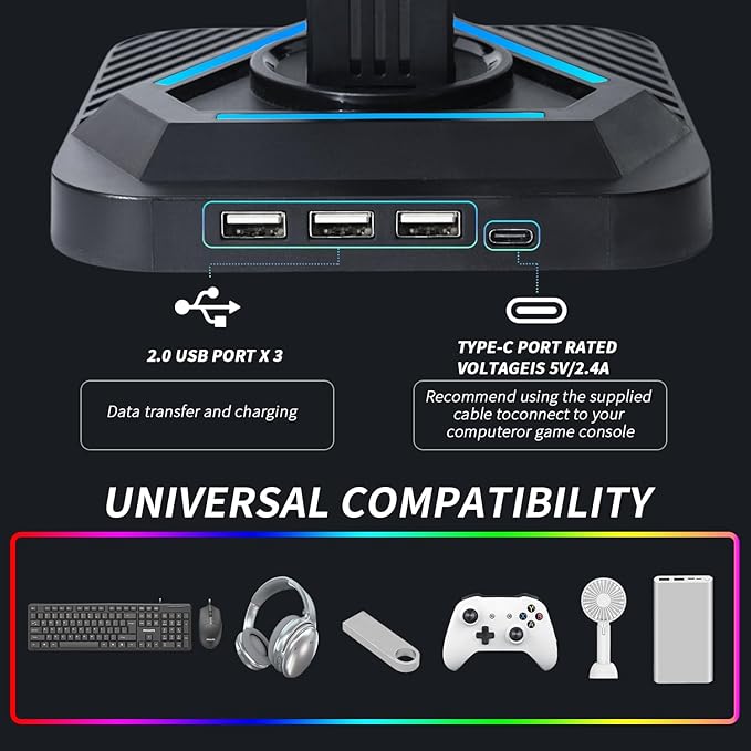 Universal Gaming Controller Stand Compatible with Xbox/PlayStation 5/PC | Headset Stand with 7-Color RGB Lighting Modes | 360° Rotatable Base & Detachable Hooks with Sturdy Anti-Slip Base