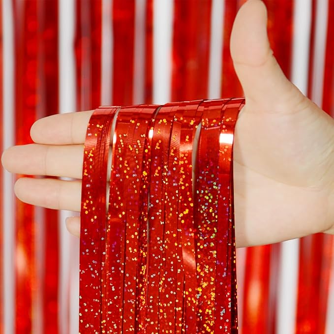 Melsan 2 Pack Red Tinsel Foil Fringe Curtains Backdrop, Sparkle Tinsel Backdrop Curtains for Fourth of July Patriotic Birthday Party Decorations