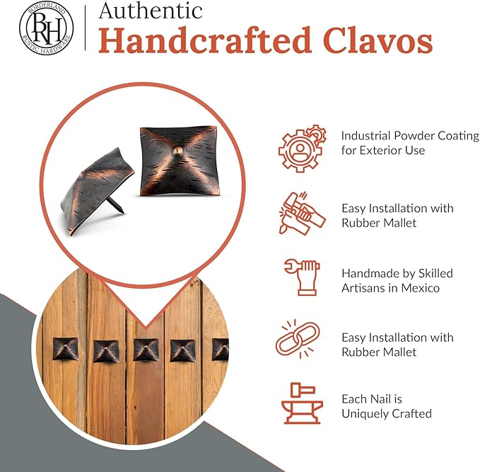 25 Pack 2" Square Head Iron Clavos Decorative Nails – Oil Rubbed Bronze – Handmade Rustic Square Fasteners for Farmhouse Shutters, Barn Doors, Shutters, and Gates – Ornamental Wood Accent