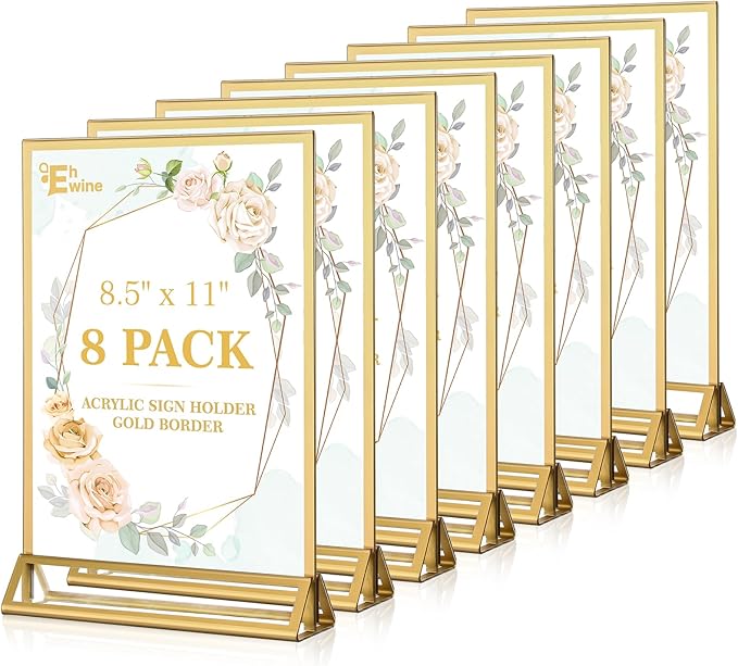 EHWINE 8 Pack Acrylic Sign Holder 8.5 x 11, Double Sided Gold Picture Frame Stand up Table Top Sign Holders, Clear Display Stand Menu Flyer Holder for Wedding Party (Provide Non-slip Mats)