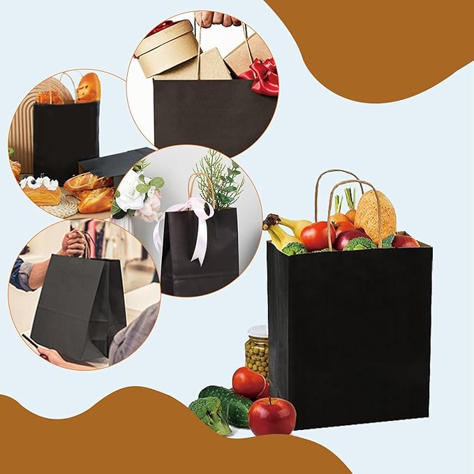 100 Pack Medium 5.9x3.1x8.25Inch Black Kraft Paper Gift Bags with Handles for Bulk Shopping, Retail, Craft, Party Favors, Wedding, Grocery & Sacks