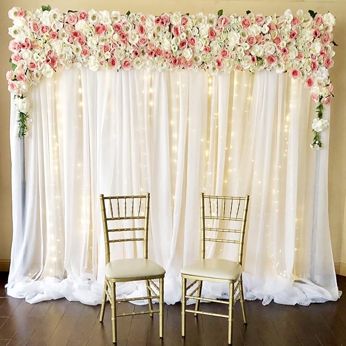 10ft x 7ft White Chiffon Backdrop Curtain with Lights String for Parites Wedding Wrinkle Free Curtain Photo Backdrops Drapes for Baby Shower Birthday Party Home Decorations