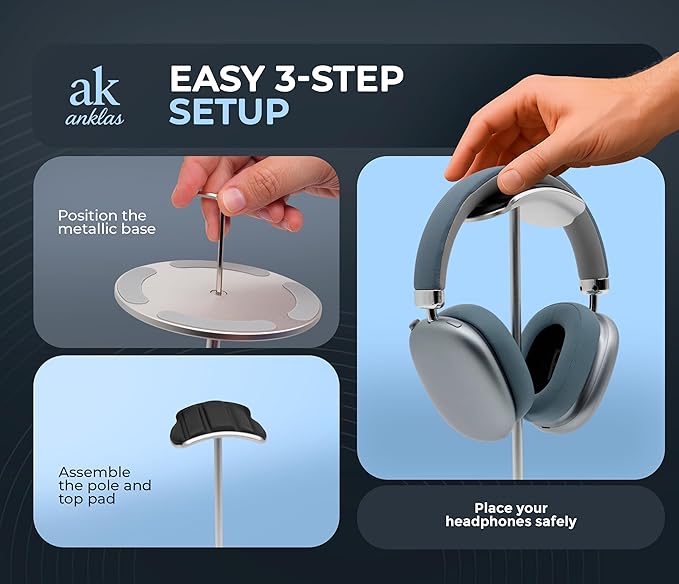 Headphone Stand for Desk – Premium & Minimalist Headset Holder with Round or Oval Base for Gaming, Office & Home (Silver Rubber, Standard)