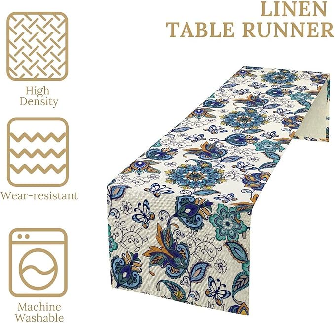 Oriental Paisley Table Runner, Luxury Vintage Blue Teal Floral Butterflies Print Table Runner for Home Dining Kitchen Coffee Table Party Decor, 13x60inch