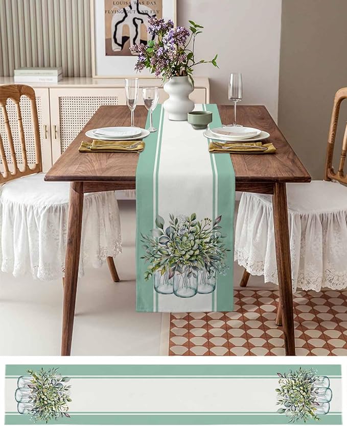 Eucalyptus Cotton Linen Table Runner for Dining Kitchen, Wedding Outdoor Party Tablerunners Decoration, Green Leaves Botanical Plants Watercolor Dresser Scarf Coffee Tablecloth Runners 13x60 Inches