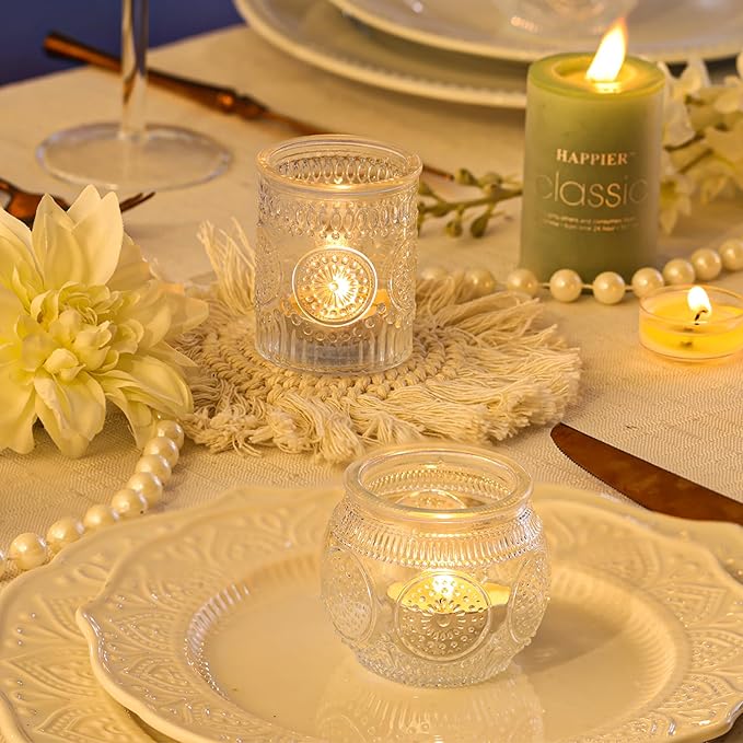 DARJEN 12Pcs Clear Votive Candle Holders - Glass Tea Light Candle Holder, Clear Votives, Embossed Candle Votives for Wedding Centerpiece & Home Decoration